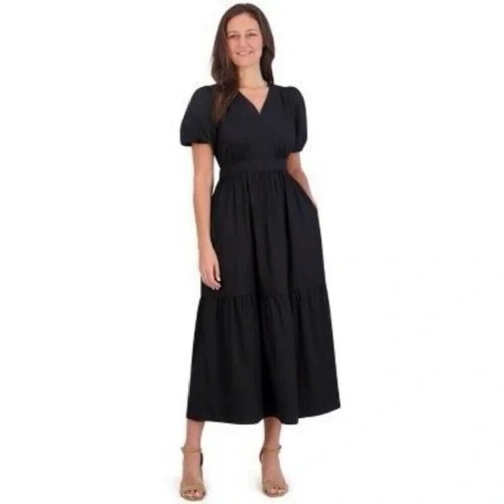 French Connection Black Puff Sleeve V-Neck Maxi Dress XXL Cotton Blend NWOT - Picture 3 of 13